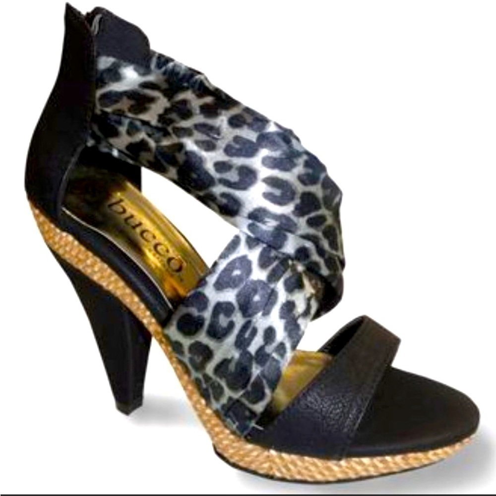 𝅺BuccoCapensis "Saba" platform pump satin animal print criss cross straps.